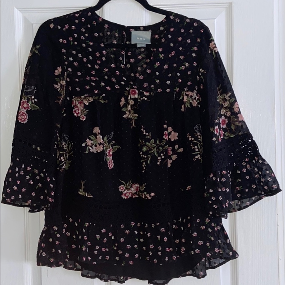 Anthropologie Maeve V Neck Floral Bell Sleeve Black Blouse